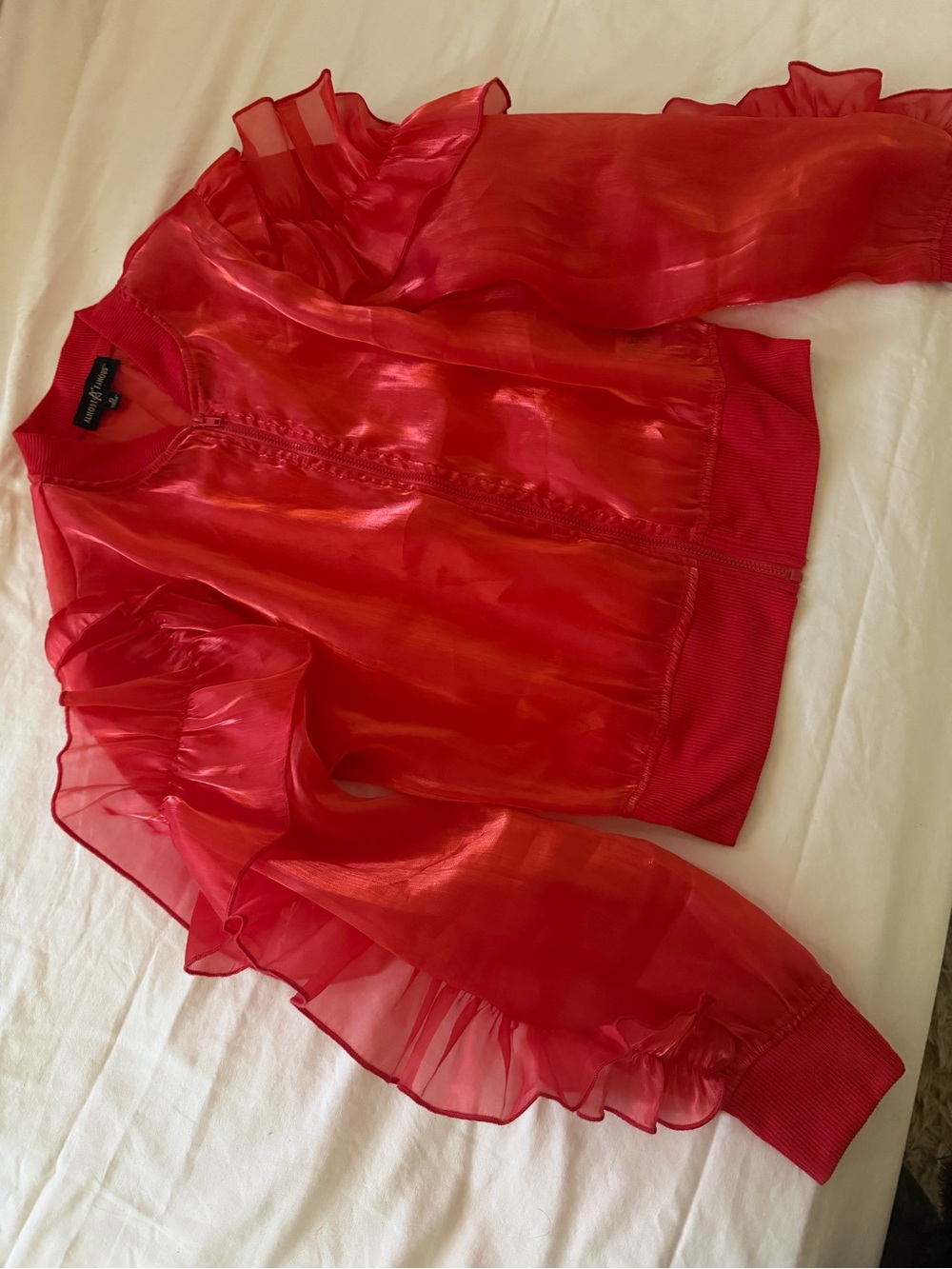 Sheer Ruffle Bomber Jacket - Red - Picture 3 of 12
